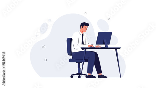 Businessman working on computer in office, modern flat illustration style.