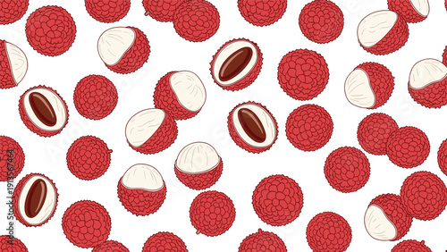 Exotic lychee fruit seamless pattern displaying whole red bumpy skins and peeled white translucent centers on a crisp white background for design.