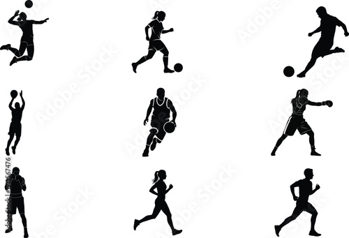 Silhouette illustrations of soccer players in various actions