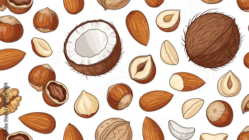 Rich assortment of various nuts in a seamless pattern featuring coconut, walnut, hazelnut, almond, and cashew pieces on a white background.