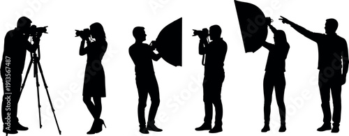 Silhouettes of photography crew at work with various equipment