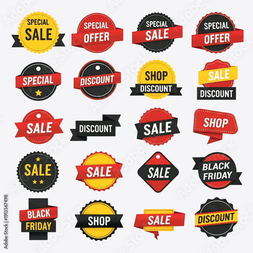 Set of colorful vector sale and discount labels with badges, stickers, banners, and price tags for shop and web design