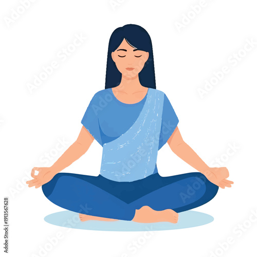 A beautiful woman sitting in a lotus yoga pose, peacefully meditating for health, fitness, and relaxation