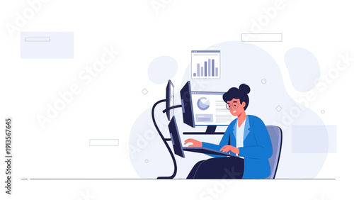 Businesswoman working on computer with multiple monitors and charts