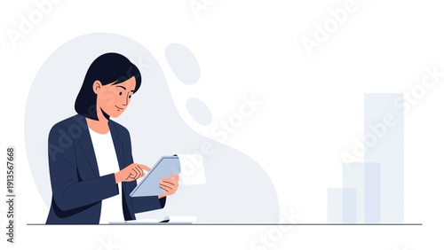 Businesswoman working on tablet, modern flat illustration, professional career