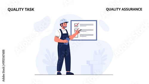 Construction worker checking quality assurance checklist on whiteboard