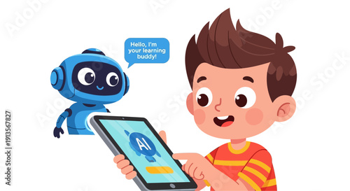 Boy Interacting with AI Learning Buddy on Tablet, Future Education Concept