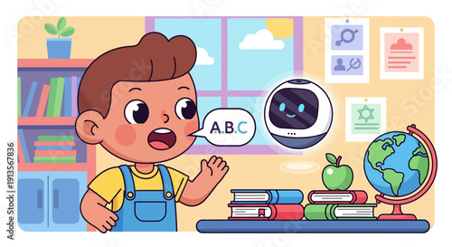 Boy learning alphabet with robot in classroom