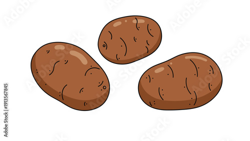 Simple illustration of three brown potatoes with small eyes and shadows arranged on a plain white background for cooking and food themes.