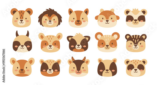 Cute Animal Faces Collection: Cartoon Forest Creatures, Vector Illustrations