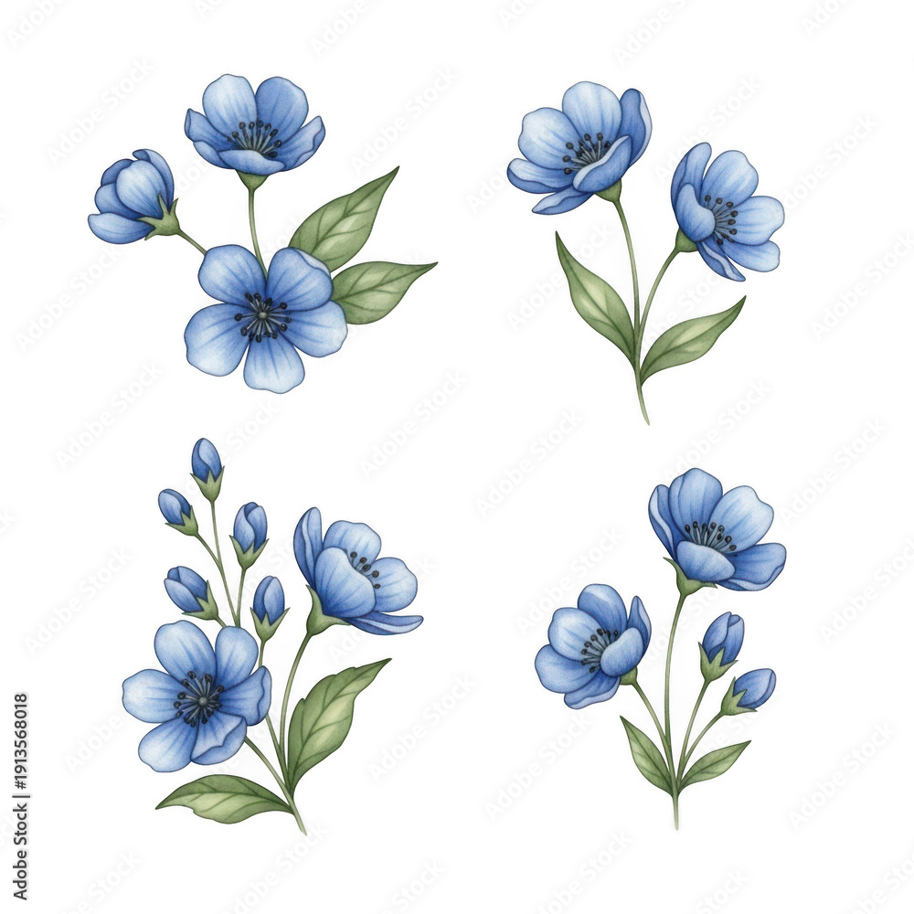 Obraz premium Four vibrant blue flowers with delicate petals and green leaves arranged in a square pattern. isolated on transparent background
