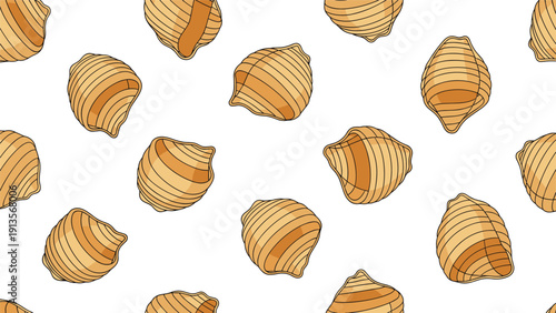 Beautiful seamless pattern of conchiglie shell pasta on a white surface, providing a charming and rhythmic design for food related media.
