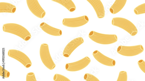 Repeating pattern of rigatoni pasta tubes on a white background, creating a textured and clean visual for culinary and dining applications.