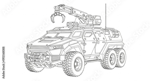 Armored vehicle with crane illustration line art.