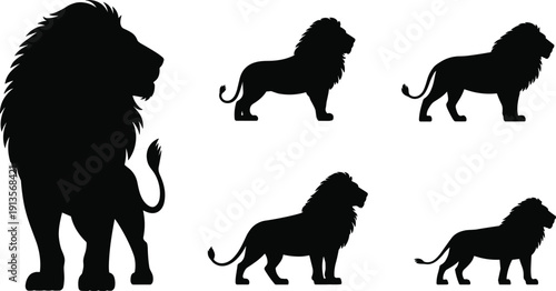 Collection of Lion Silhouettes in Different Poses, Majestic African Wildlife Animal Vector Illustration Set in Black and White Design
