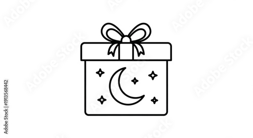 Gift box with crescent moon and stars wrapped with a bow symbolizing magic and wonder
