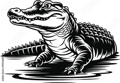 Detailed black and white alligator illustration emerging from water, fierce wildlife vector artwork for logos, tattoos, branding, and graphic design