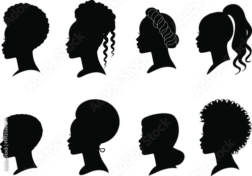 African women hairstyle silhouettes collection in profile view, black female head shapes with natural hair vector illustration isolated on white