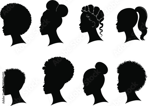 African women hairstyle silhouettes set with natural afro and braided styles, female profile head vector illustration collection