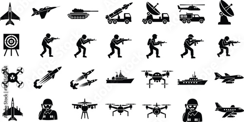 Set of military black silhouettes featuring soldiers, fighter jets, tanks, missile launchers, navy ships, tactical drones, helicopters, and defense equipment.