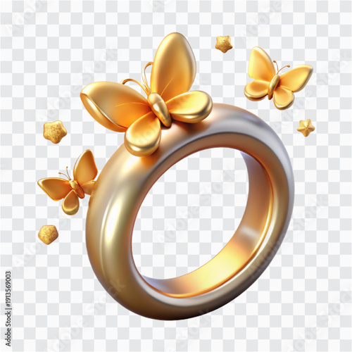 3D Luxury Ring Icon | Elegant Jewelry With Golden Butterfly Glow Accent