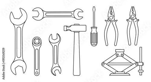 Collection of Hand Tools and Mechanical Equipment Illustration.