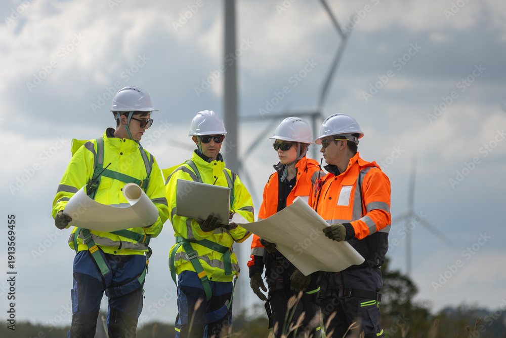 Fototapeta premium Engineers reviewing blueprints at wind farm, illustrating teamwork, safety and the advancement of clean renewable energy through professional field planning and technical collaboration.