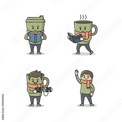 Cartoon coffee cup character reading, working, photographing, and celebrating with scarf and modern style