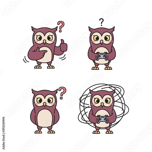 Confused owl with question mark in different puzzled expressions with copy space