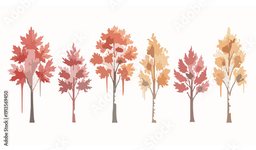 Watercolor Autumn Tree Set with Red Orange Fall Foliage Isolated on White