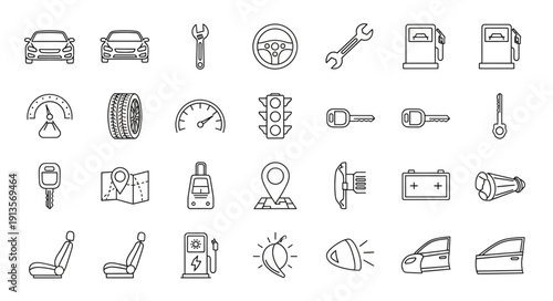 Collection of hand-drawn automotive icons and symbols.