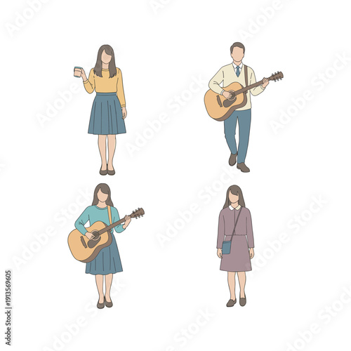 Young adults with guitars and coffee in casual attire standing isolated on white background