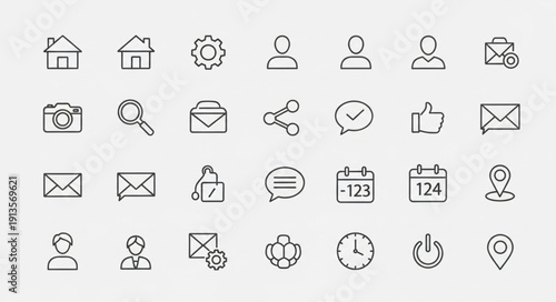 Collection of hand-drawn outline icons representing common digital interface elements.