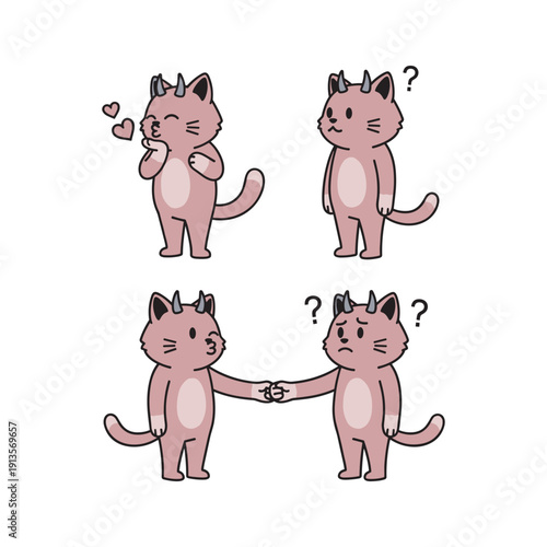 Cute cartoon cats holding hands with confused and loving expressions