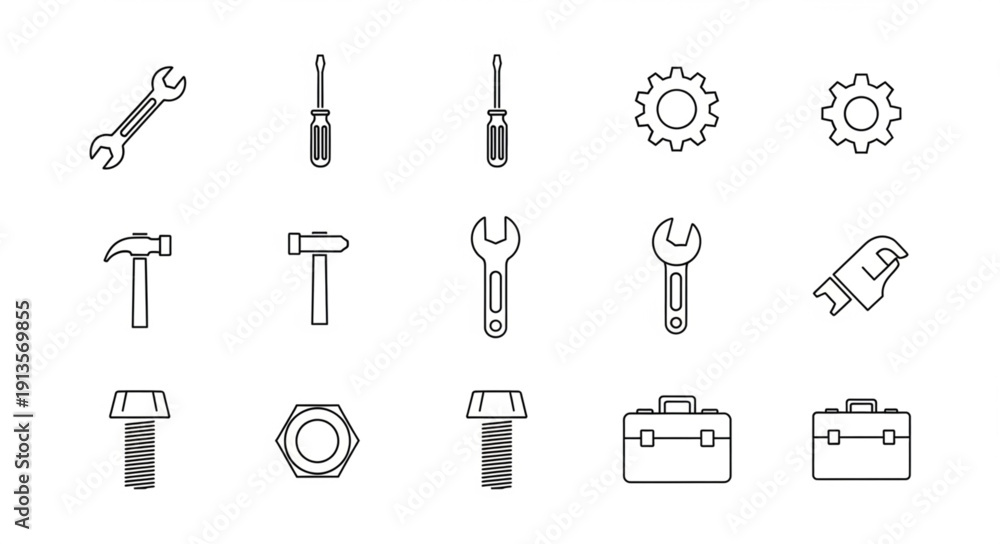 Fototapeta premium Collection of hand-drawn tools and hardware icons.