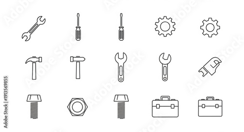 Collection of hand-drawn tools and hardware icons.