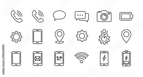 Collection of mobile phone application icons in a simple line art style.