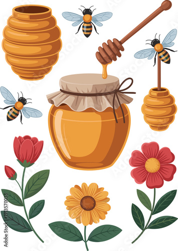 honey, bees, beehive, jar, dipper, nectar, flower, apiary, natural, sweet, organic, pollen, agriculture, food, healthy, nature, beekeeping, golden, vector, illustration
