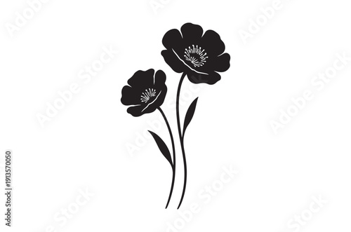 Simple black and white illustration depicting two poppy flowers with slender stems and leaves