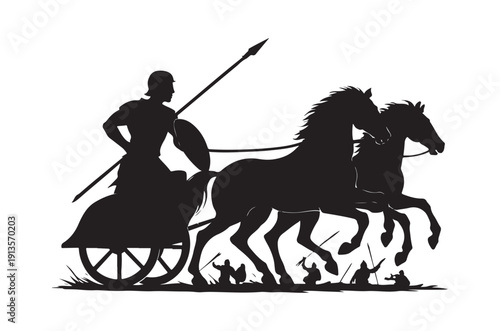 A black silhouette depicts a roman chariot pulled by two horses in dynamic movement