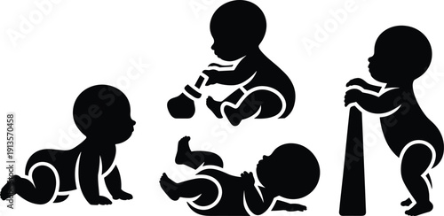 baby, silhouette, infant, toddler, child, development, milestones, crawling, sitting, standing, playing, growth, black, vector, icon, illustration, nursery, isolated, clipart, set