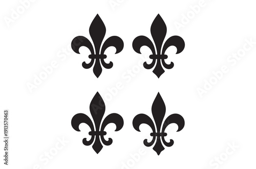 Four black fleur de lis symbols are arranged on a stark white background a classic heraldic design