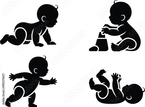 baby, silhouette, set, infant, crawling, sitting, walking, lying, toddler, black, vector, icon, child, development, stages, isolated, collection, clipart, illustration, graphic