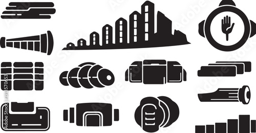 Industrial tools and equipment icons in black and white