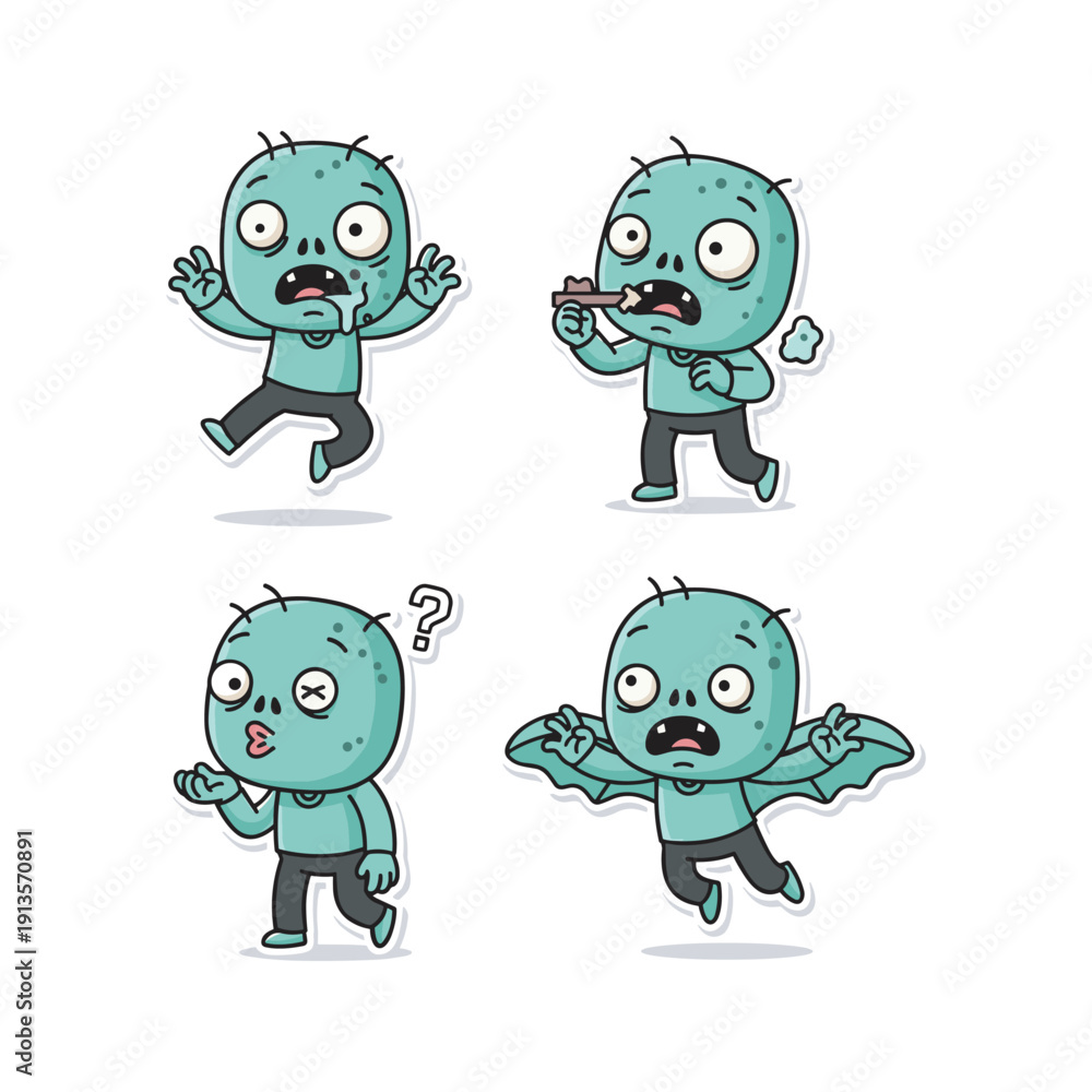 Obraz premium Cartoon zombie characters expressing different emotions and actions in a funny and exaggerated style