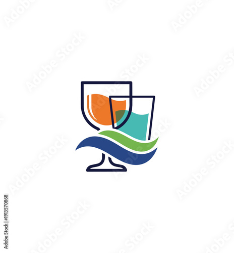 Abstract wine glasses with colorful liquids and wave elements