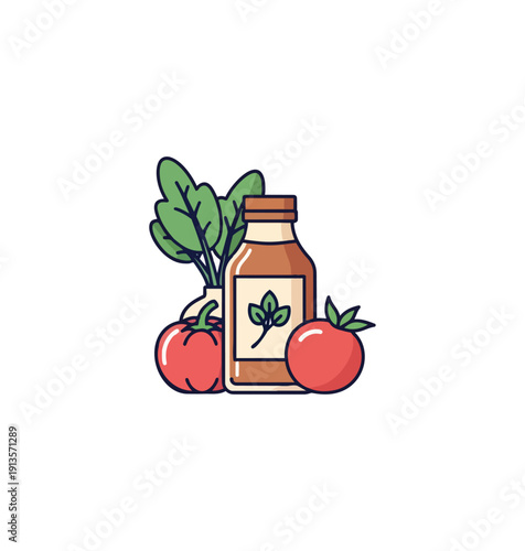 Vegetable juice bottle with tomatoes and herbs illustration
