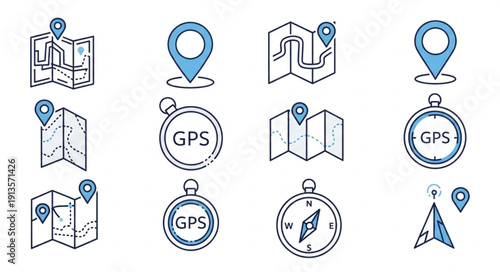 Collection of navigation and location icons including maps and GPS devices.