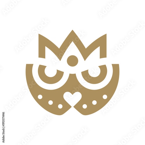 Owl face logo with heart nose and crown