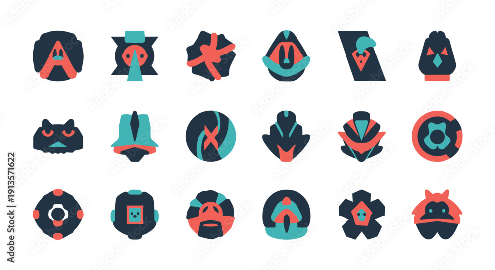 Fototapeta premium Abstract Geometric Colorful Shapes Collection: Modern Digital Icons and Symbols in Retro Pixel Art Style